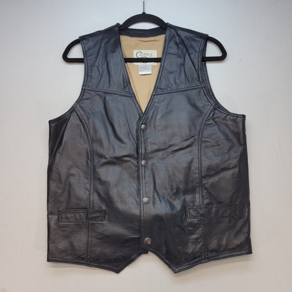 Cripple Creek Leather Vest Mens Small Black Western Biker‎ ML1059 Cinch Back